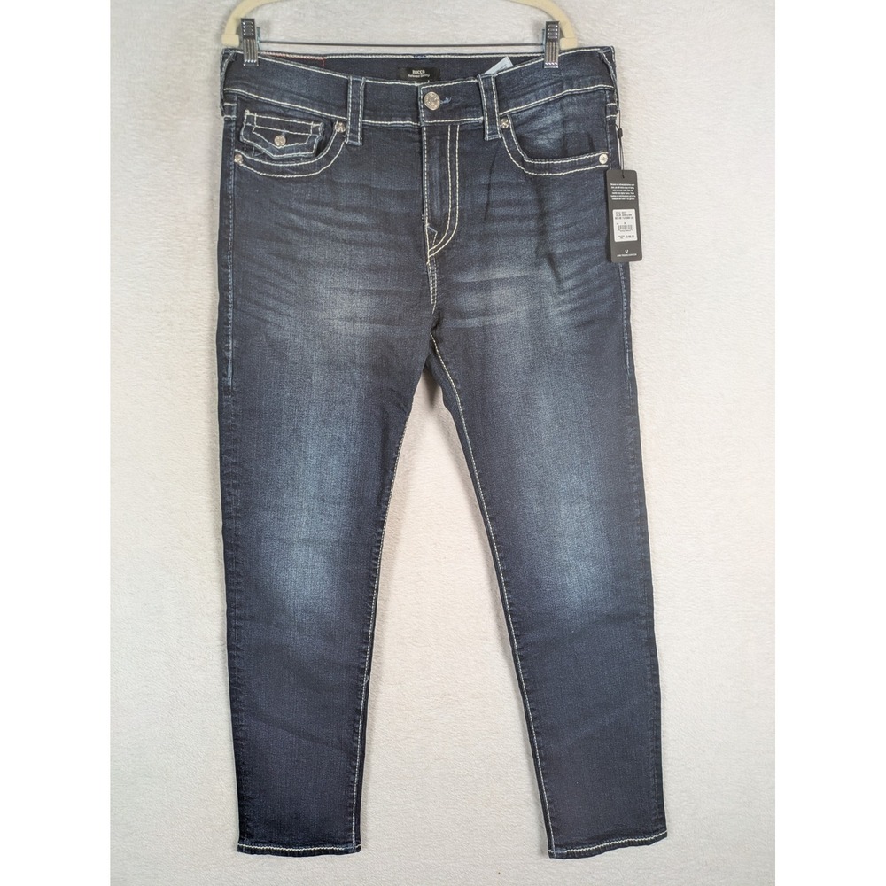 NEW True Religion Rocco Relaxed Skinny Jeans Men's 34 Dark Gloom Big T Flap